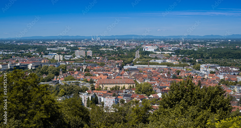 Panoramic view of Durbach and Karlsruhe from Turmberg. Baden Wuerttemberg, Germany, Europe
