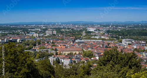 Panoramic view of Durbach and Karlsruhe from Turmberg. Baden Wuerttemberg, Germany, Europe