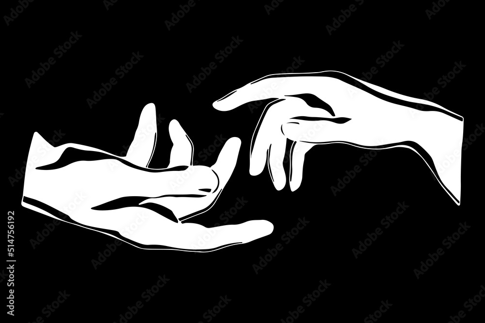 Female and male hands reach out to each other. Vector Black and White ...