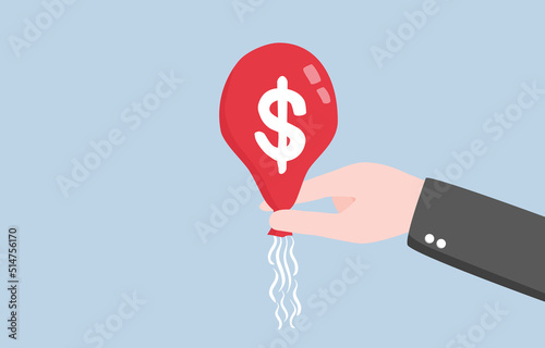 Measures of finance ministry or central bank to control inflation to normal level, monetary policy during economic crisis. Giant hand release some air from balloon metaphor of reducing inflation.