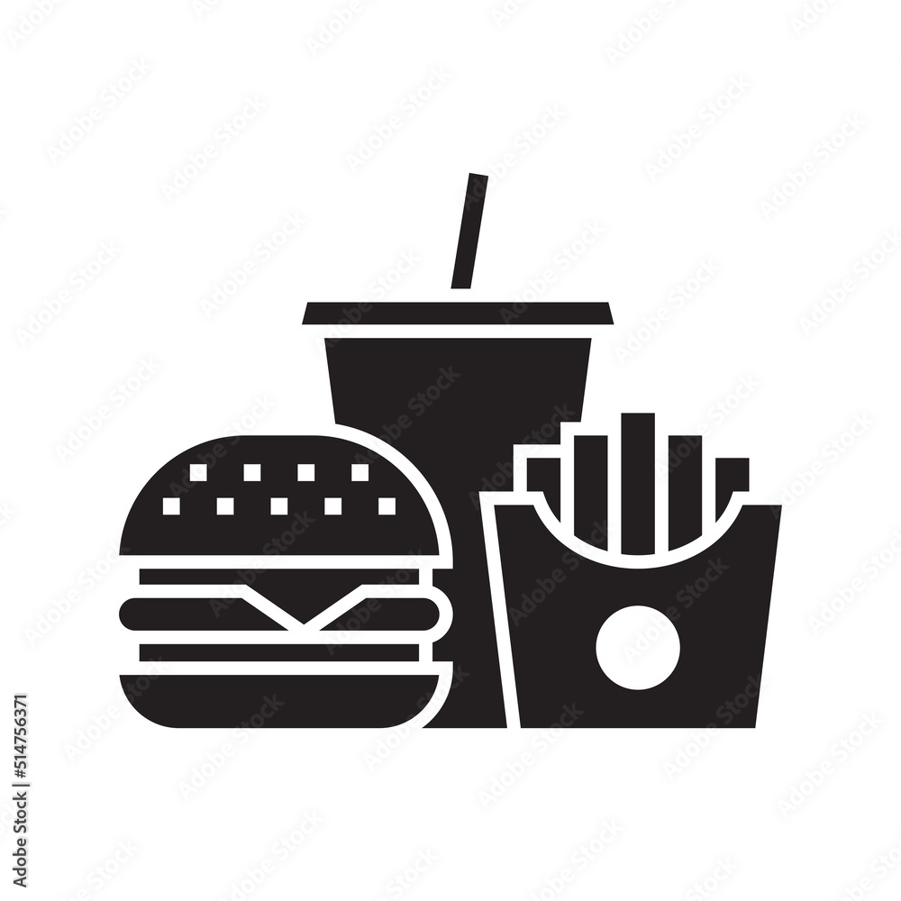 Fototapeta premium Hamburger, Soft drink cup and french fries, Fast food icon sign, Silhouette flat design on white background, Vector illustration