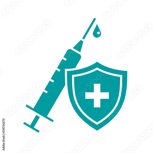 Medical protective shield with syringe icon, Treatment vaccine injection, Immunity protection concept, Vector illustration
