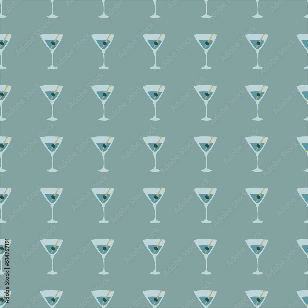 Martini glass with olive and skewer seamless pattern. Doodle style. Color hand drawn image. Repeat template. Party drinks concept. Freehand drawing. Cartoon sketch graphic draft Martini glass with olive and skewer seamless pattern. Doodle style. Color hand drawn image. Repeat template. Party drinks concept. Freehand drawing. Cartoon sketch graphic draft
