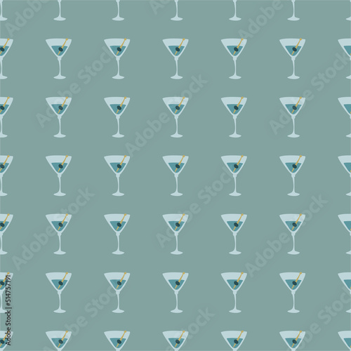 Martini glass with olive and skewer seamless pattern. Doodle style. Color hand drawn image. Repeat template. Party drinks concept. Freehand drawing. Cartoon sketch graphic draft