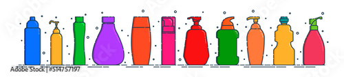 Cosmetic container. Body care hygiene. Set blank package bottle. Group plastic makeup jar product. Color beauty medicine package. Oil, gel, shampoo. Treatment mockup design. Outline object