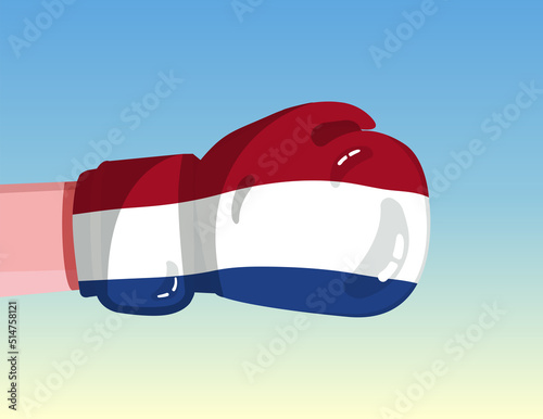 Flag of Netherlands on boxing glove. Confrontation between countries with competitive power. Offensive attitude. Separation of power. Template ready design.