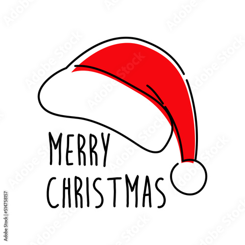 Banner con texto manuscrito Merry Christmas. Logo con sombrero de Papá Noel. Vector con líneas en color negro y rojo