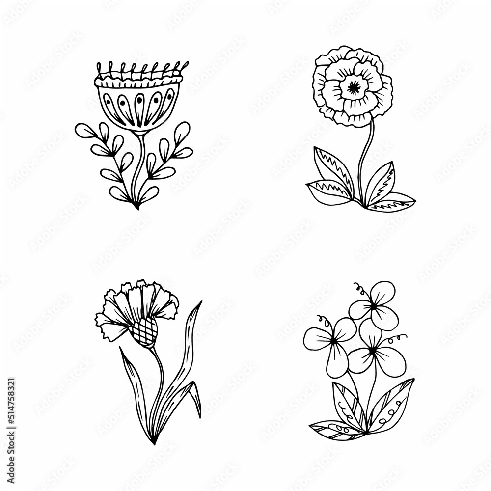 Set of hand drawn flower single doodle elements Set of hand drawn flower single doodle elements