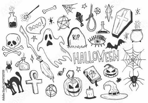 Happy halloween. Big set of horror hand drawn doodle. Collection halloween and magic elements. Pumpkins, ghost, skull, cemetery, black cat, magic cauldron, pot, hat, broom