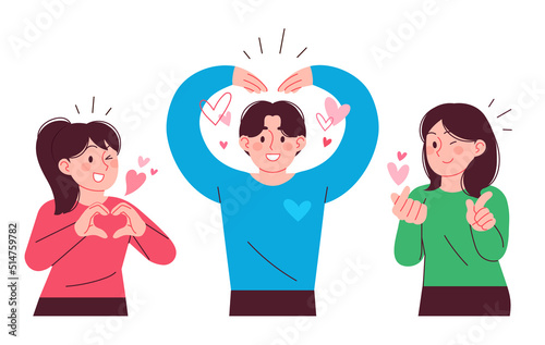 Men and women drawing hearts with their hands and arms. Cute love expression concept vector illustration collection.