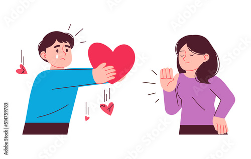 A man who shows his love. However, the woman resolutely rejects his confession of love. Love problems concept vector illustration.