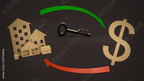 Dollar symbol and models of residential buildings surrounded by arrows against the background of a steel key from the door lock. 3D rendering.