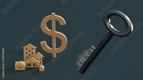 Steel key from the door lock with a groove in the form of residential buildings against the background of the dollar symbol and models of buildings. 3D rendering.