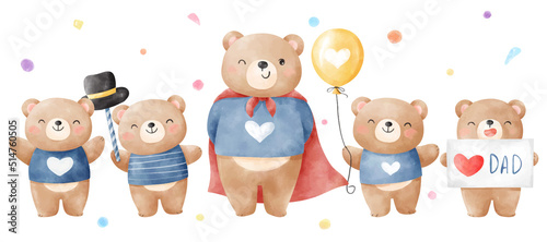 Draw banner happy little bear with dad Father day concept