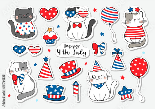Draw sticker printable design funny cat for 4th of July