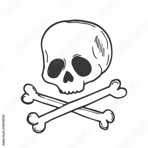 Hand drawn vector illustration of scull with bones. Isolated on white background