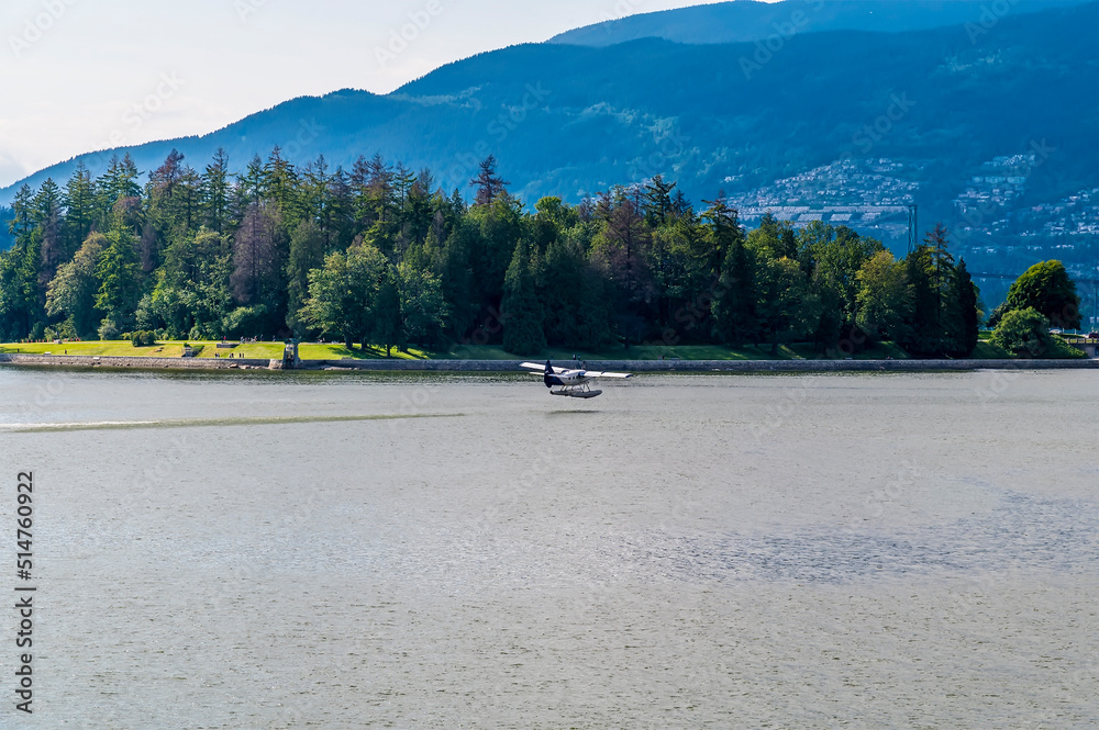 A view of a floatplanes taking off in Vancouver, Canada in summertime