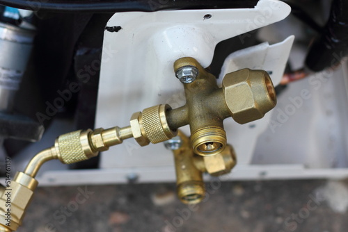 Obraz na płótnie Air conditioner outdoor wall unit filling valves closeup view w salonie