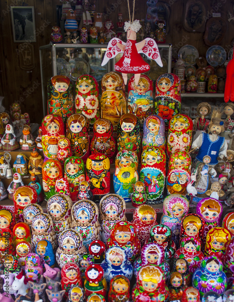 Matryoshka - souvenir from Belarus in the form of dolls at local Market in Minsk, Belarus	