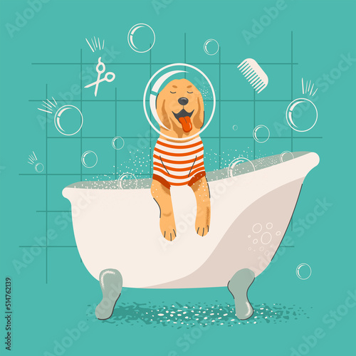 Dog in bath cartoon vector illustration for grooming salon. Spa for animals post, banner.