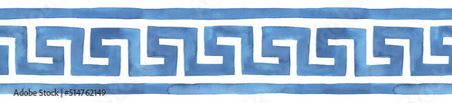 Seamless repeatable border of stylized Greek Key (Meander) pattern in blue colour with artistic stains and brush strokes. Hand painted watercolor illustration on white, isolated element for design.