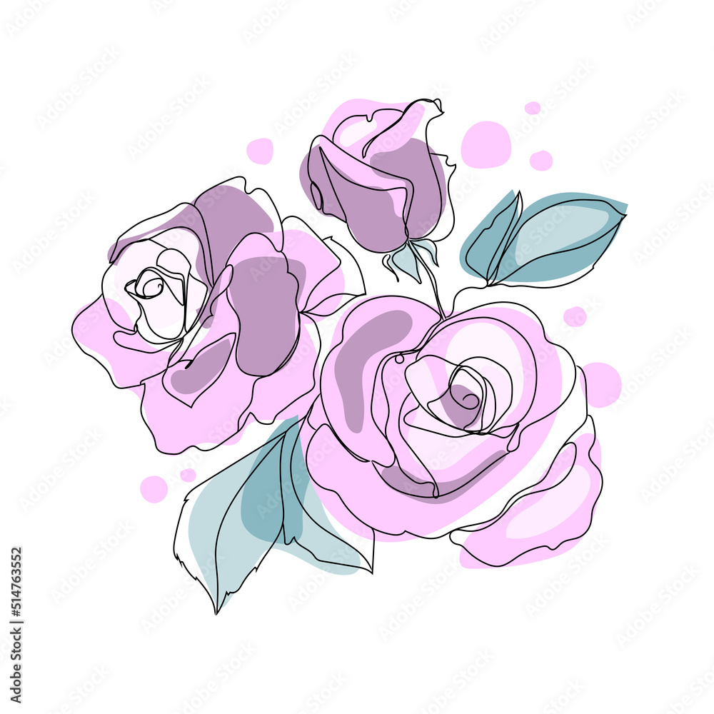 Line art rose flowers bouquet for decoration design vector botanical illustration.Three Roses minimal art drawing with pastel soft abstract spots,modern illustration. Line art rose flowers bouquet for decoration design vector botanical illustration.Three Roses minimal art drawing with pastel soft abstract spots,modern illustration.