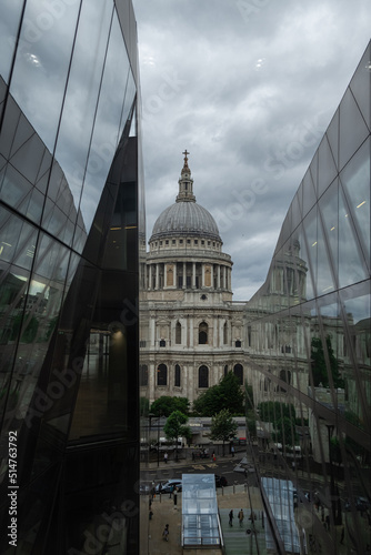 St Pauls Cathedral with reflection in glass windows of One New Change shopping mall in London