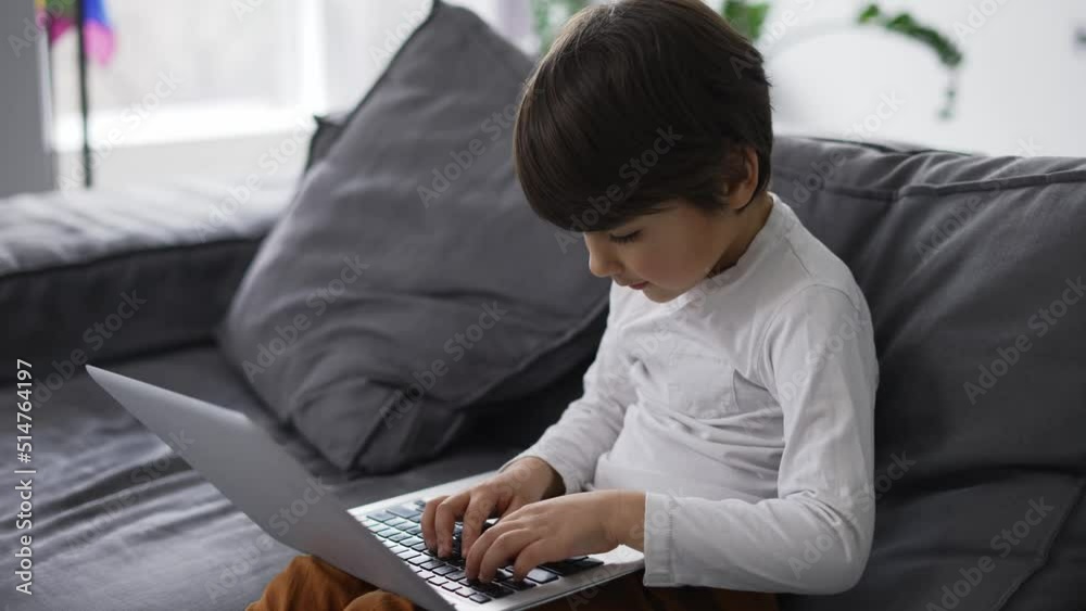 Little cute boy use laptop computer sitting on sofa