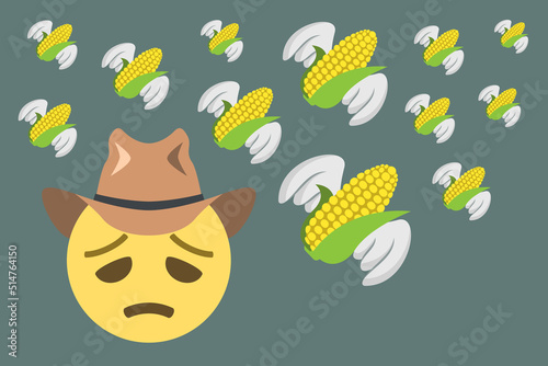 disappointed face emoji with cowboy hat and flying corncob on gray background,concept vector illustration