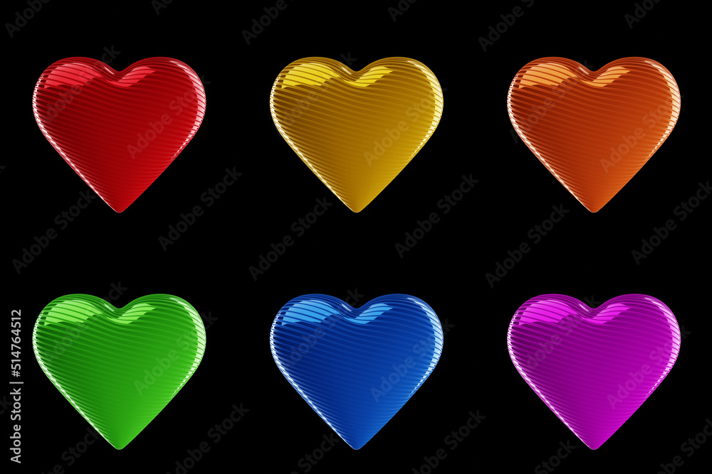 Set of 6 Stripped Glass Hearts 9000x6000 pixels 