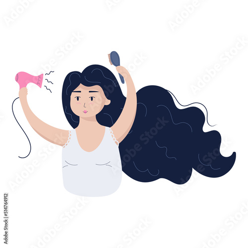 Vector illustration isolated on white background cute girl dries her hair with a hair dryer.Concept hair care routine