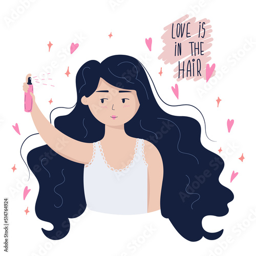 Vector illustration isolated on white background cute girl using hair cosmetics and "Love in the hair" lettering. Concept of hair care routine and self love