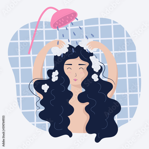 Vector illustration isolated woman washing her hair in the shower..Concept hair care routine