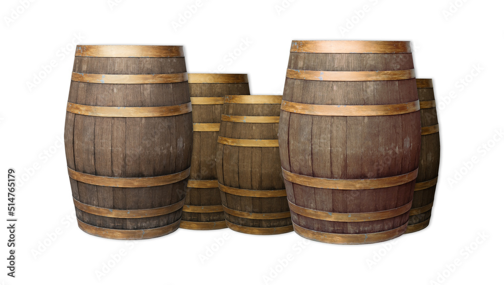 oak barrels dark brown from small and large sizes on an isolated background
