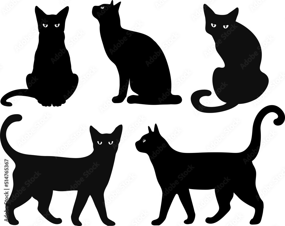 Cat vector silhouettes set. Isolated on white background, cats in different poses. isolated on a white background. Tattoo.