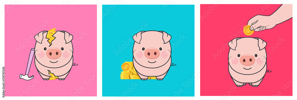 Piggy bank. Broken pig with money, hand puts coins in piggy bank. Concept savings, crisis, investment. Piggy bank. Broken pig with money, hand puts coins in piggy bank. Concept savings, crisis, investment.