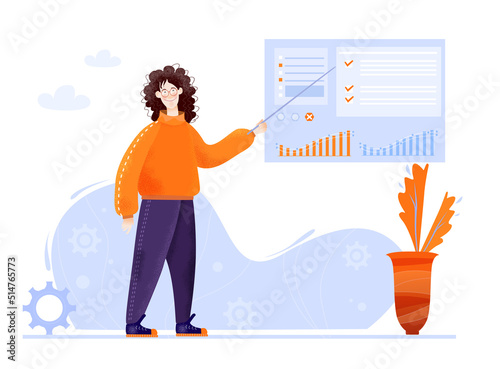 Young woman give presentation in office, analysing graphs and charts. Businessman, self-employed, adviser, young professional business concept Vector illustration