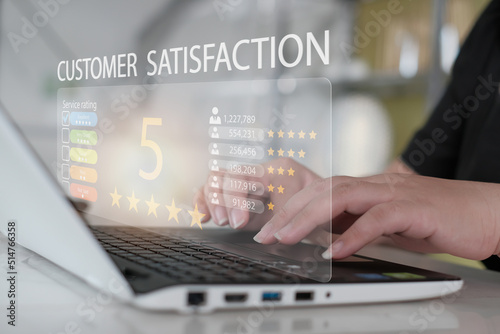 Customer review satisfaction feedback survey concept, User give rating to service experience on online application, Customer can evaluate quality of service leading to reputation ranking of business.