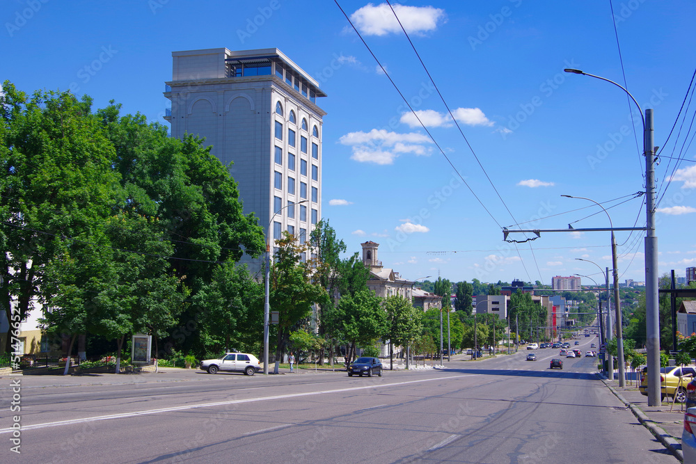 Moldova. Kishinev. 06.19.22. View of the central street of the city and old buildings with unusual architecture.