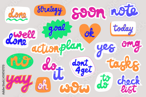 Collection of stickers for planner, diary, to do list, check lists. Cute phrases for organizing day to day life. Vector elements for scrapbooking and decoration.