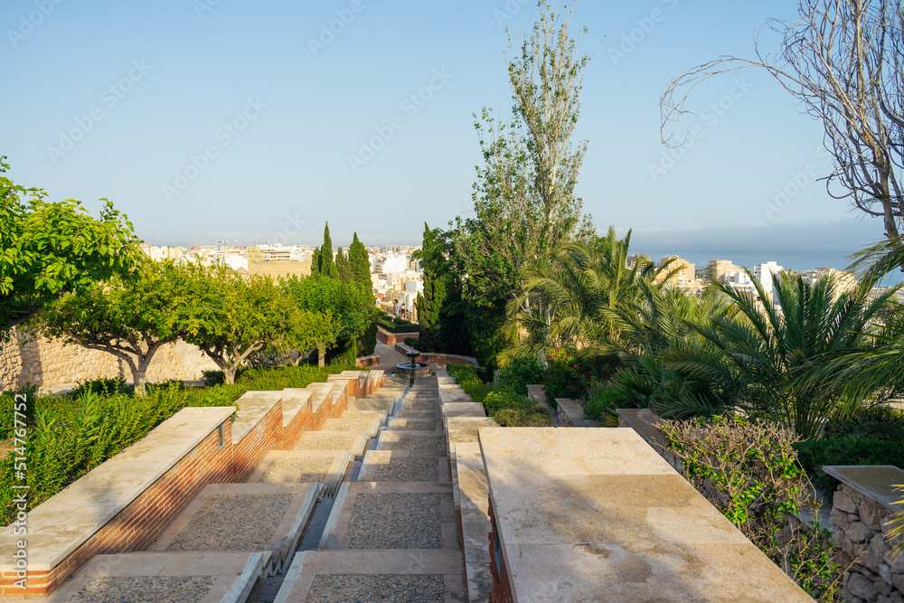Stairs and gardens inside Alcazaba castle in Almería