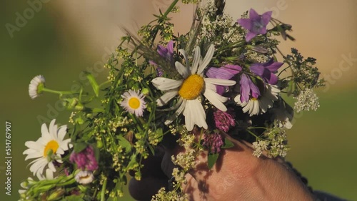 Wreath of flowers and oak leaves on the head. Celebration of the summer solstice in greenery. Midsummer celebration with oak wreath. Ligo holidays with weaving an oak wreath with your own hands.