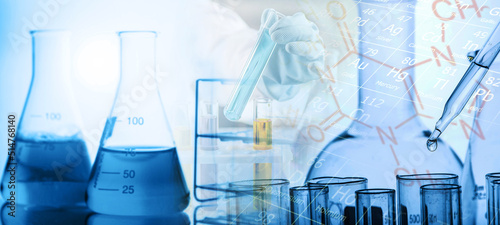 Test tube containing chemical liquid in laboratory, lab chemistry or science research and development concept