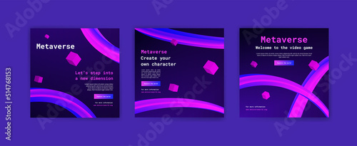 Social media post template for metaverse. People in VR headsets use the metaverse for their purposes - study, gaming, business, investing in NFT arts.