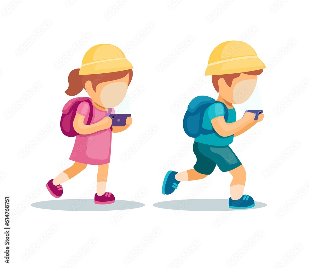 School children with smartphone addiction problem cartoons set illustration vector School children with smartphone addiction problem cartoons set illustration vector