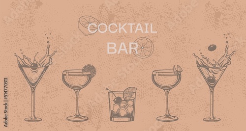 grunge alcohol drinks glass engraving vector set