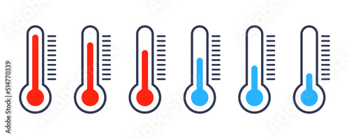 Set with red and blue thermometer icons. Temperature from high to low. Hot and cold. Temperature scale.