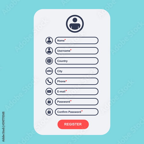 Registration form for web page or app. Register new account. Registration user on application. Vector template background.