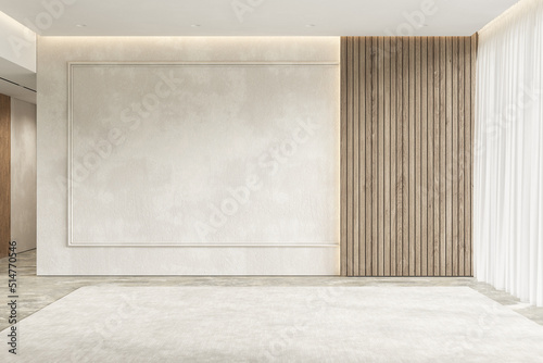Contemporary beige white bright empty interior with wall panel and moldings. 3d render illustration mockup.