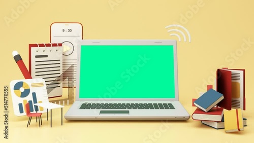 E-learning online with laptop and green screen and wi-fi symbol surrounded by phone, open books, Ruler, statistical graph, pencil and magnifying glass on yellow pastel background. 3d render animation
